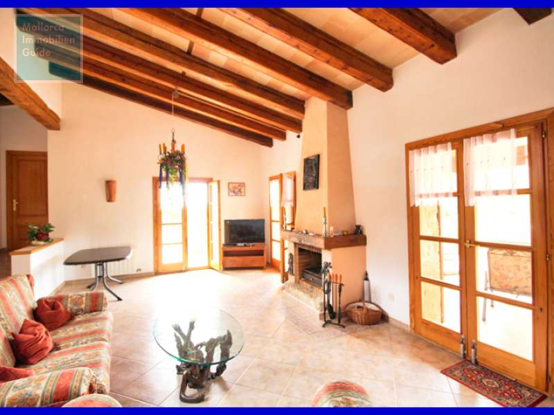 Wohnzimmer mit kamin und Zugang zur Terrasse