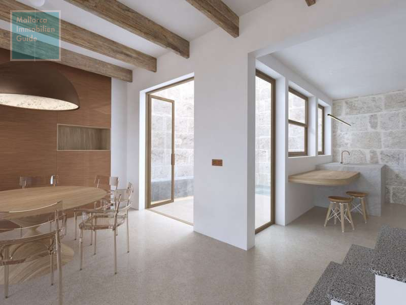 Salon mit Zugang zum Patio mit Pool