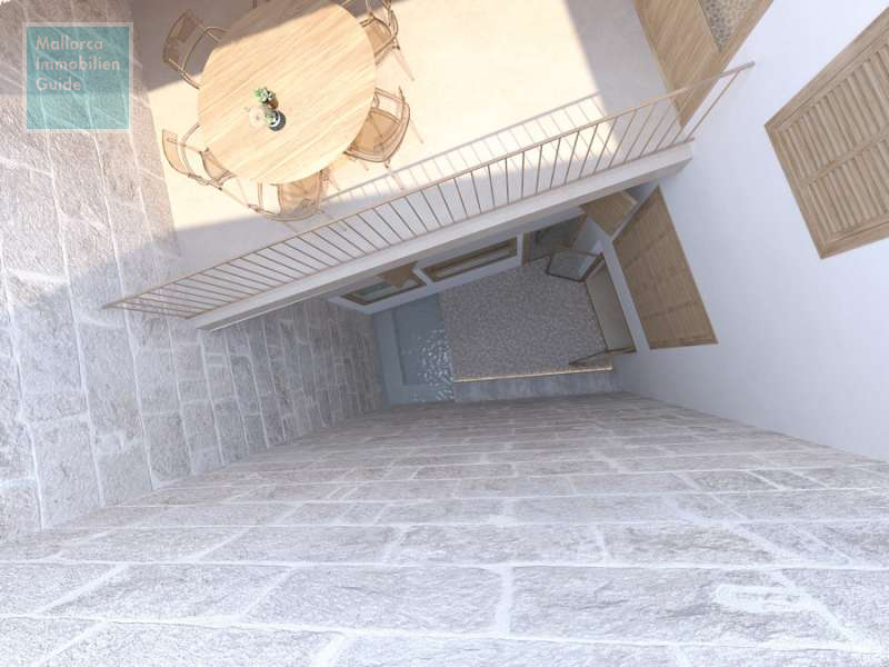 Blick von oben in den Innenhoff mit Pool