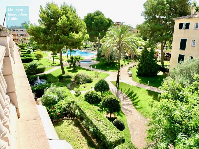 Blick von der Terrasse auf den Garten- und Poolbereich